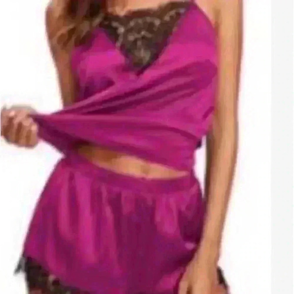 Pink Silky Tank & Shorts Black Lace - Picture 2 of 2